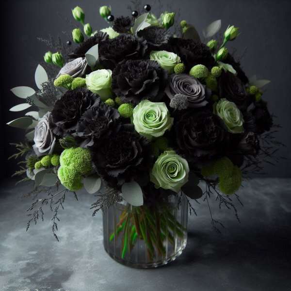 Bouquet of black and pale green roses in a clear glass vase