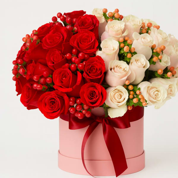 Red and white roses arranged in a pink hat box with a red ribbon.