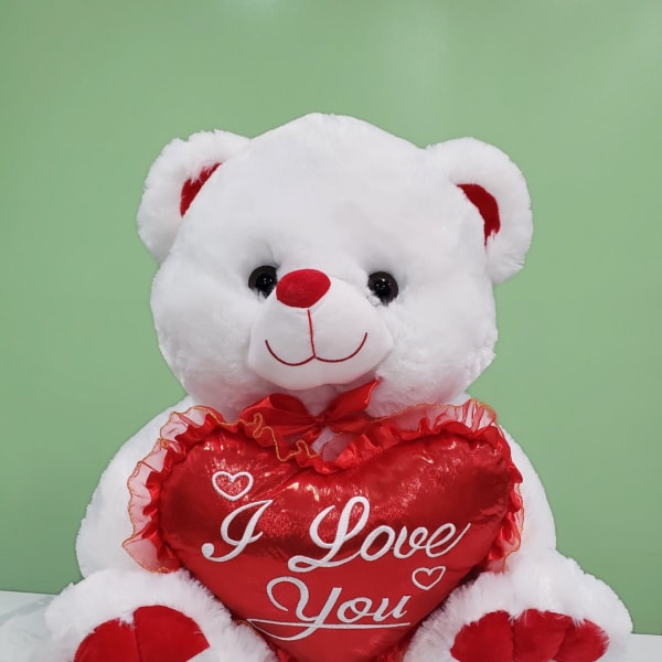 White teddy bear holding a red heart pillow with "I Love You" text