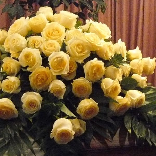 Large bouquet of pale yellow roses with dark greenery