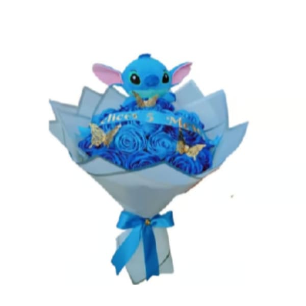 Blue rose bouquet topped with a Stitch plush toy
