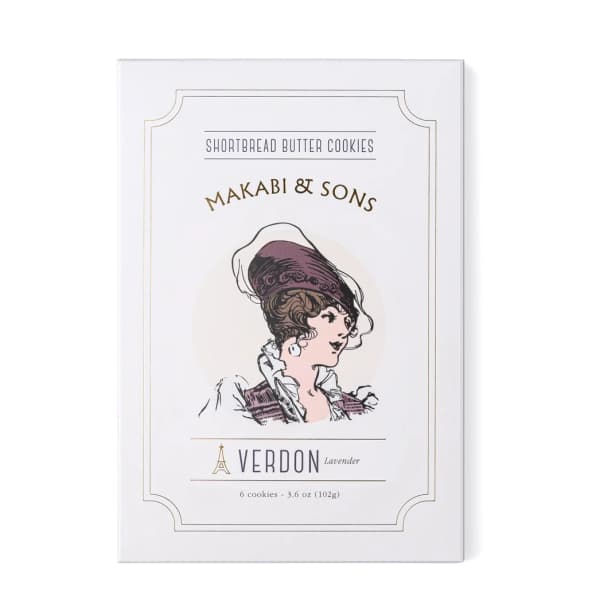 Box of lavender shortbread butter cookies with a vintage-style illustration