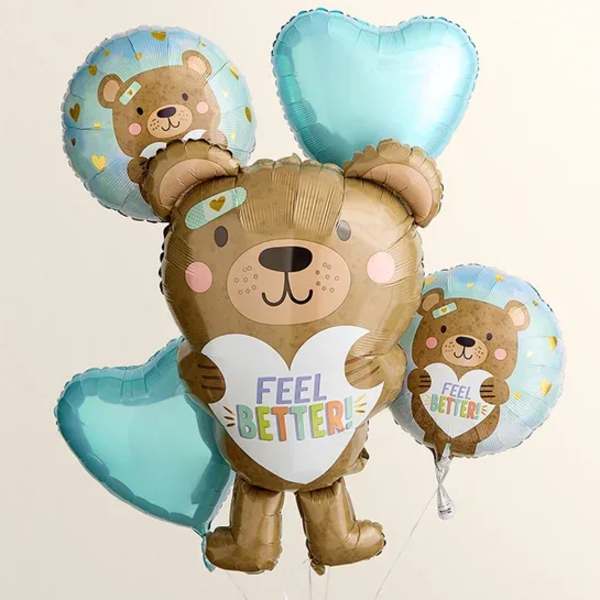 Bear-shaped balloons with "Feel Better" text and blue heart balloons