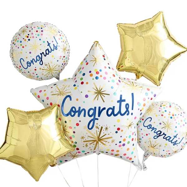 Cluster of congratulatory foil balloons in gold and white