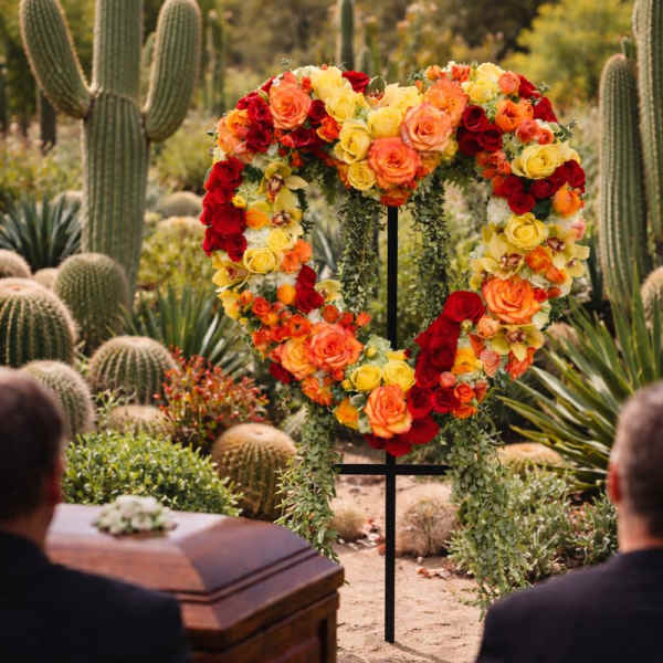 Heart-shaped floral wreath with red, orange, and yellow roses at an outdoor funeral