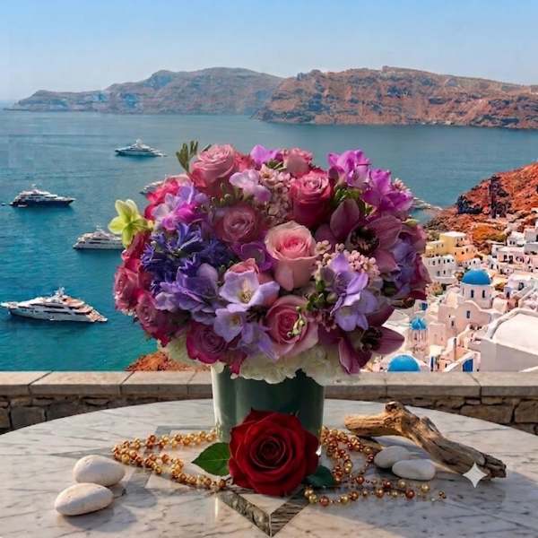 Round bouquet of pink, purple, and red flowers in a vase