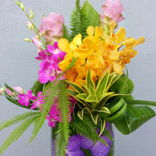 Colorful orchid arrangement in a glass vase
