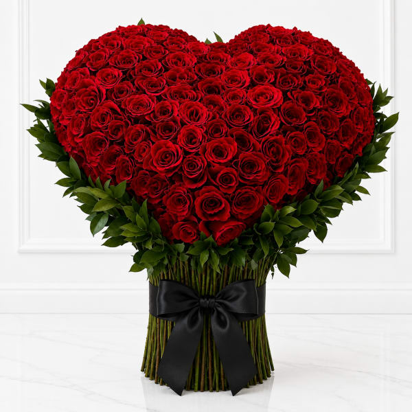 Heart-shaped bouquet of red roses with a black ribbon wrap