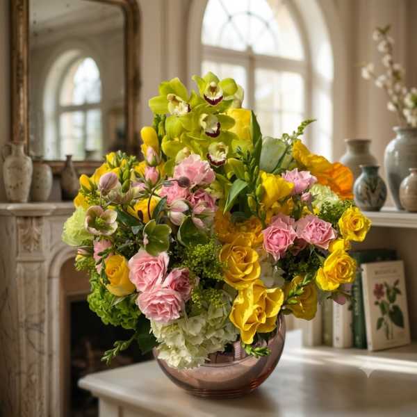 Bouquet of pink and yellow flowers in a glass vase