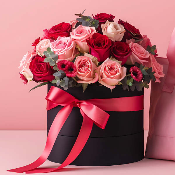 Pink and red rose arrangement in a black hat box beside a pink gift bag