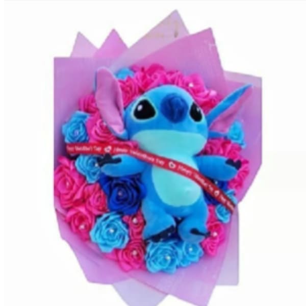 Plush Stitch toy surrounded by pink and blue roses in pink wrap