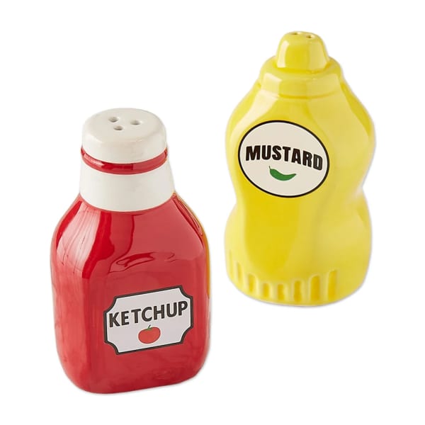 Red ketchup and yellow mustard shakers on a white background