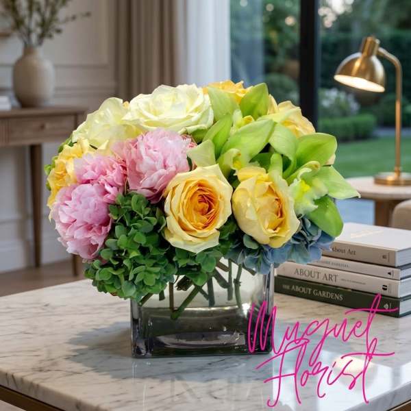 Bouquet of pastel roses and pink blooms in a glass vase