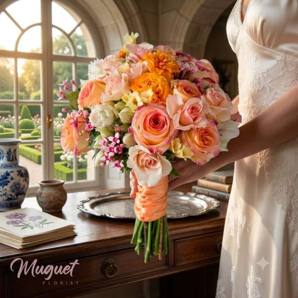 Bride holding a bouquet of peach, pink, and orange flowers