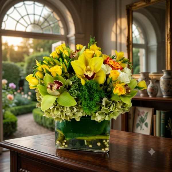 Yellow orchid and rose arrangement in a square glass vase