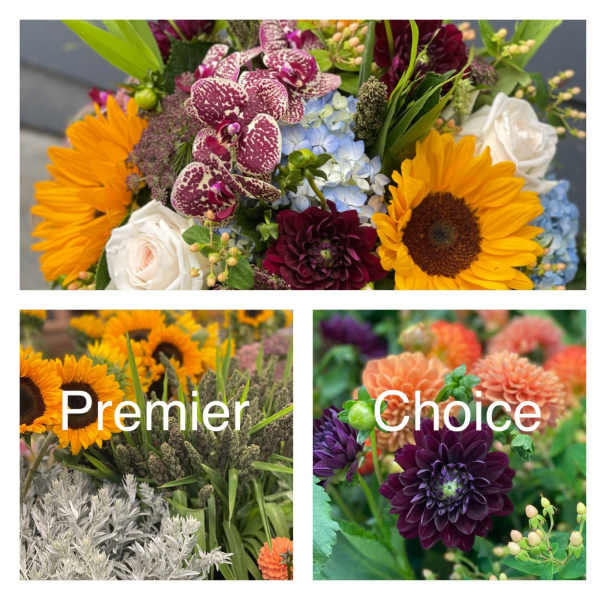 Collage of colorful flower bouquets with sunflowers, roses, orchids, and dahlias