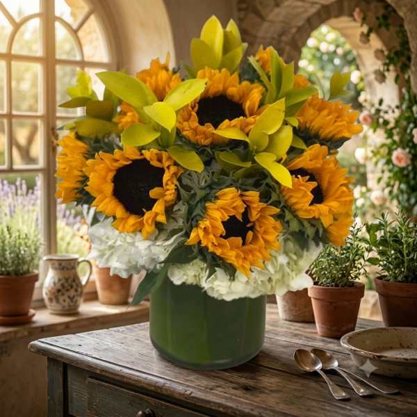 Bouquet of sunflowers in a green vase with white flowers below