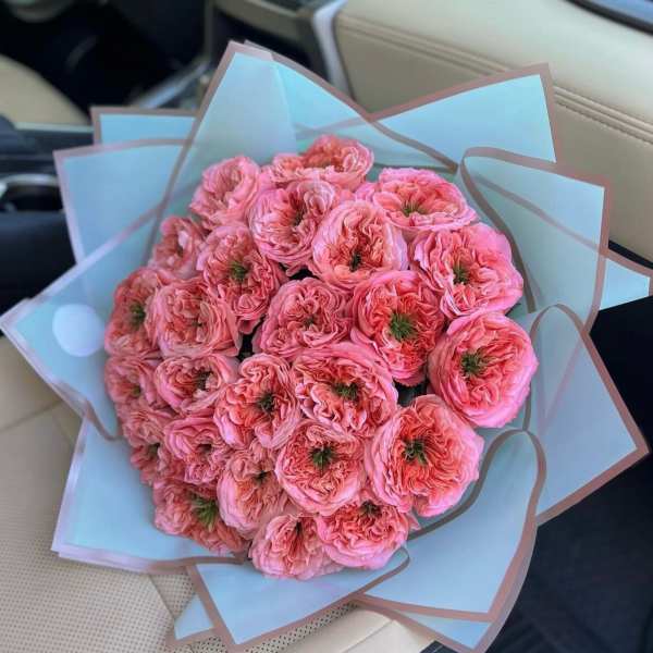 Bouquet of pink ranunculus wrapped in light blue paper