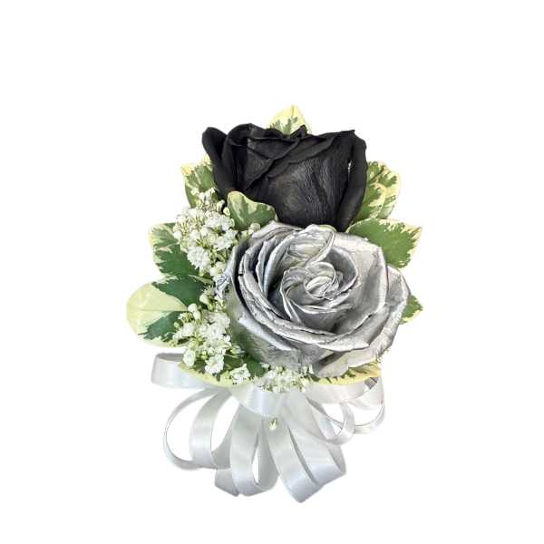 Corsage, black and silver roses-silver ribbon