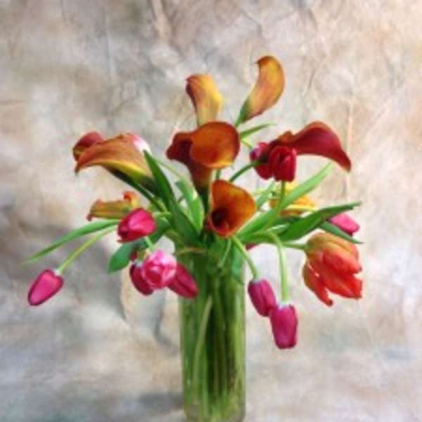 Colorful calla lily bouquet in a clear glass vase