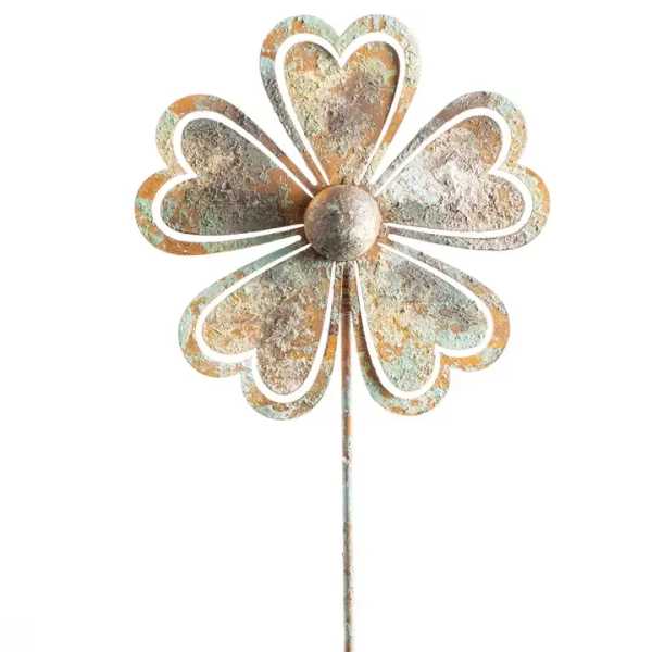 Metal flower-shaped garden stake with a weathered finish