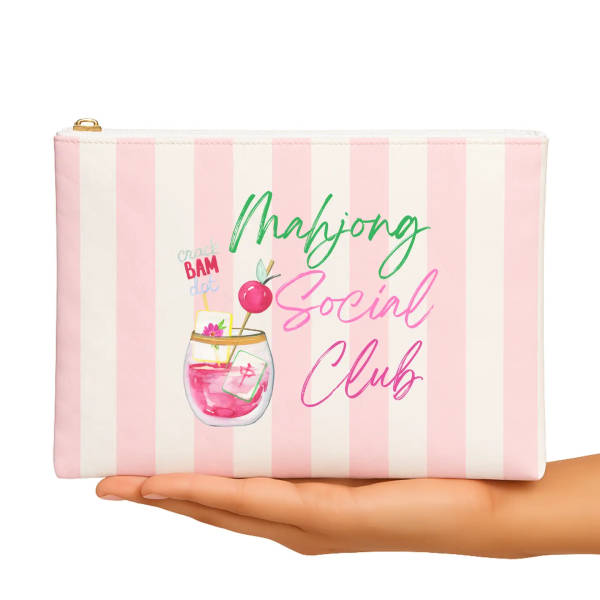 Pink striped pouch with "Mahjong Social Club" text and a drink illustration