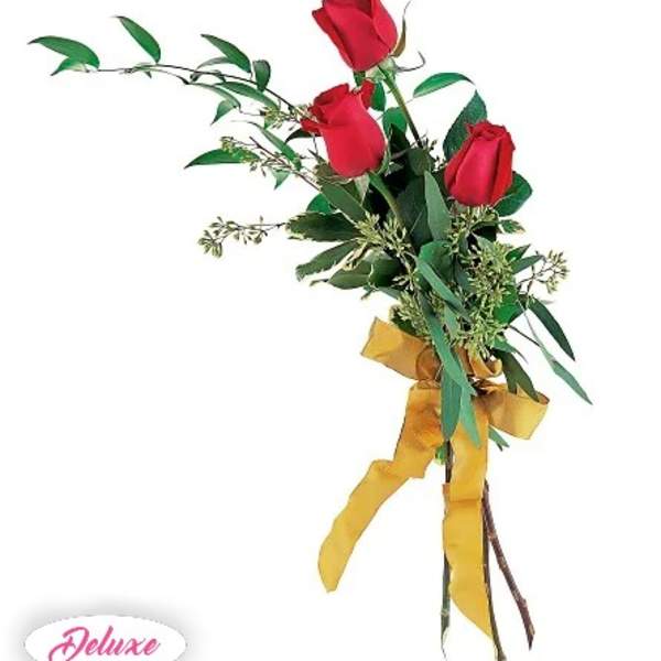 Three red roses with greenery and a yellow ribbon