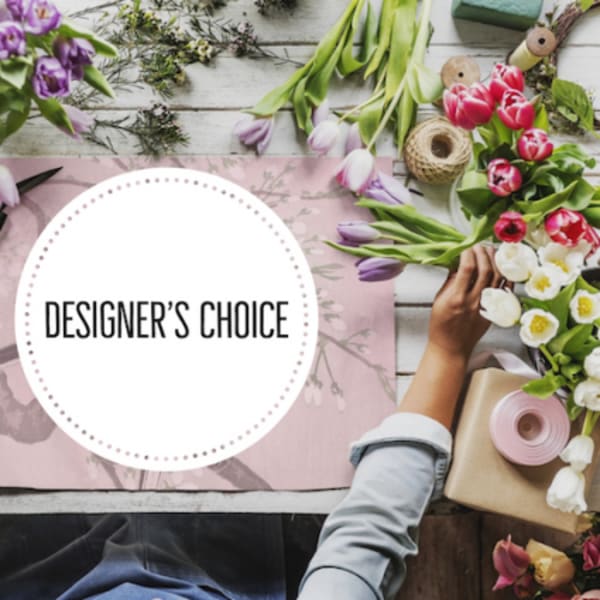 Designer’s choice floral arrangement with tulips and wrapping supplies