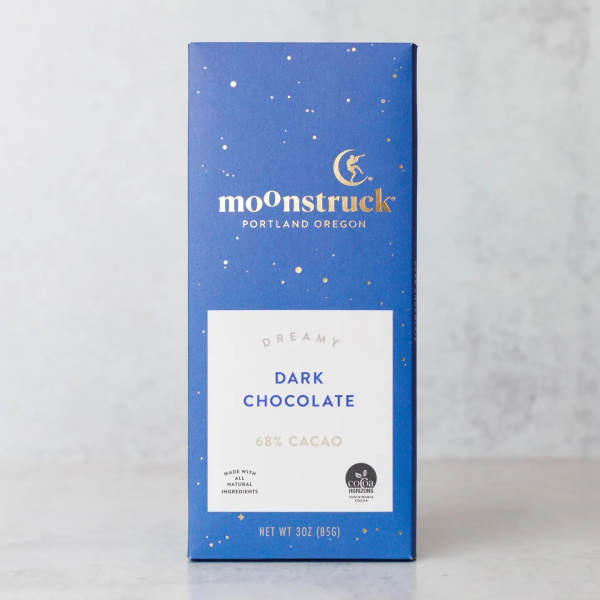 Blue box of Moonstruck dark chocolate standing upright