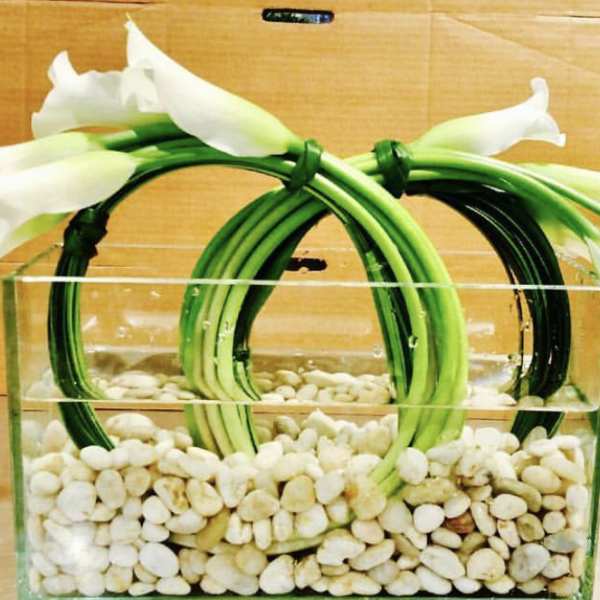 White calla lilies arranged in a clear rectangular vase with white stones