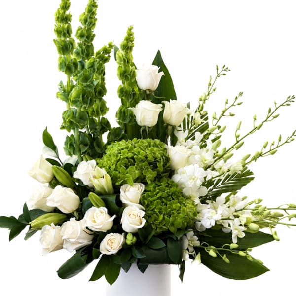 White roses and green blooms arranged in a white vase