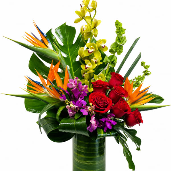 Tropical bouquet with red roses, orchids, and bird of paradise in a glass vase