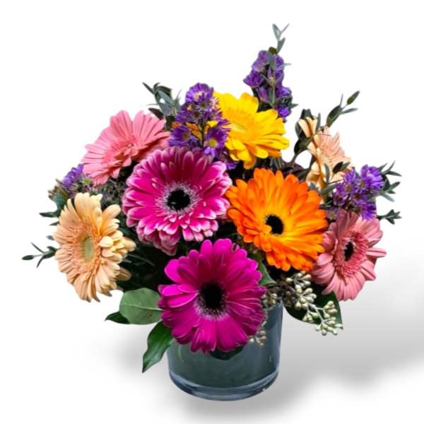 Colorful gerbera daisy bouquet in a glass vase