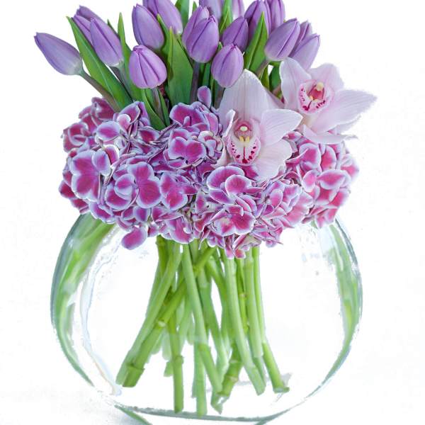 Purple tulips and pink orchids in a clear glass vase