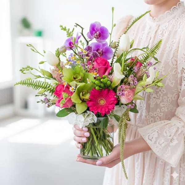 Woman holding a colorful bouquet in a clear glass vase