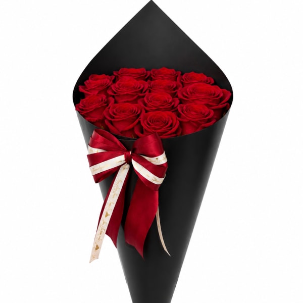 Bouquet of red roses wrapped in black paper with a red ribbon