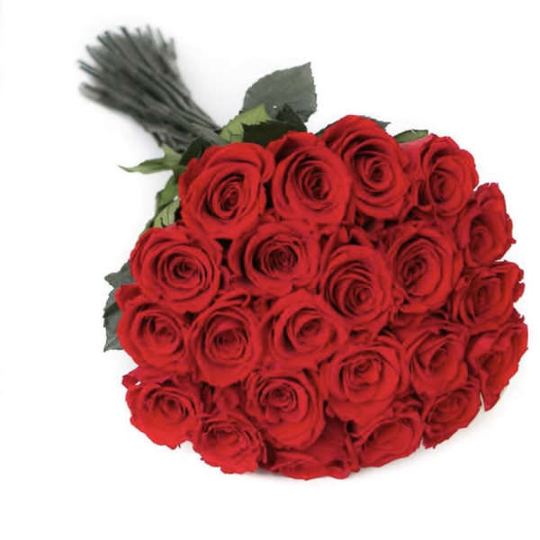 Tied bouquet of long-stemmed red roses arranged in a dense cluster.