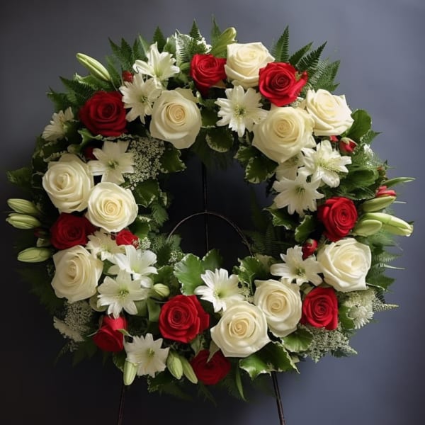 Circular wreath of red and white roses with white lilies