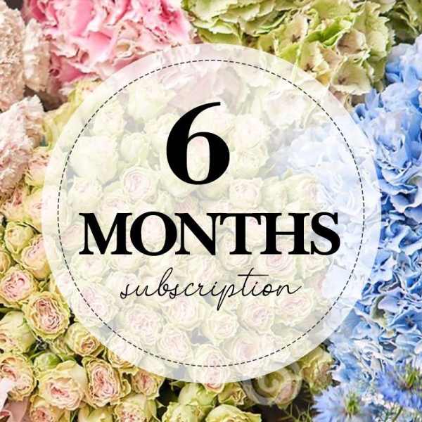 Text over a collage of pastel roses and hydrangeas reading "6 MONTHS subscription"