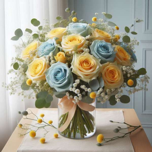 Bouquet of pastel roses in a clear glass vase with ribbon