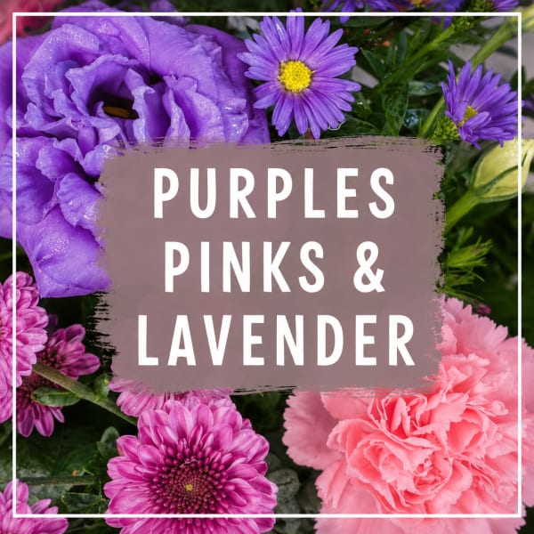 Purple and pink flowers with a lavender text overlay