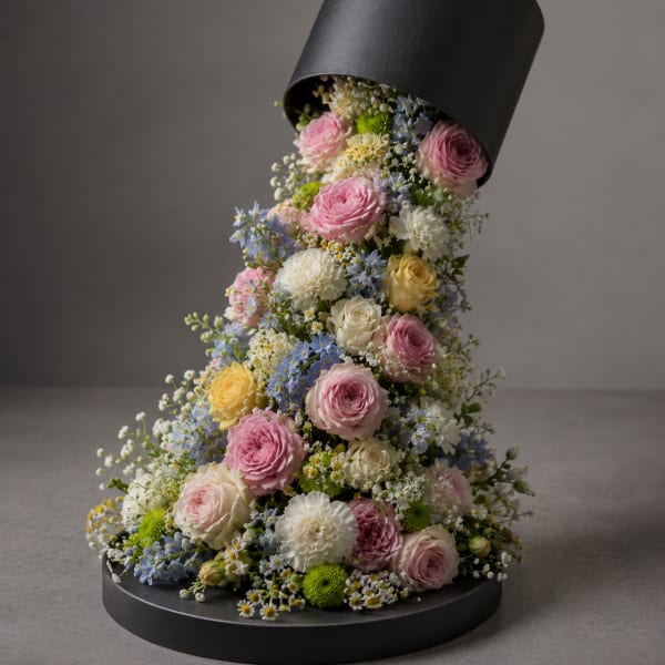 Cascade bouquet of pink, white, yellow, and blue flowers in a black hatbox