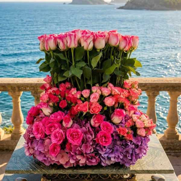 Tiered arrangement of pink roses and purple hydrangeas by the sea