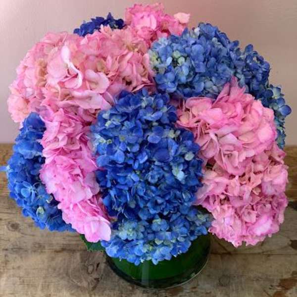 Pink and blue hydrangea bouquet in a green vase