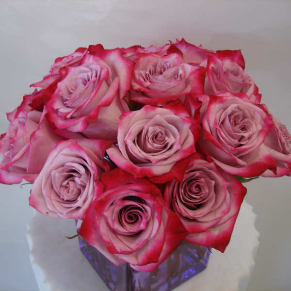 Bouquet of pink roses with red-edged petals in a glass vase