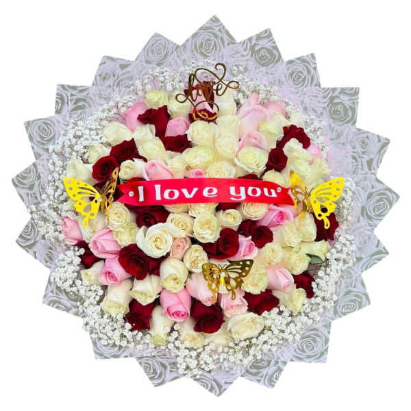 Bouquet of red, pink, and white roses with a love ribbon and butterfly picks