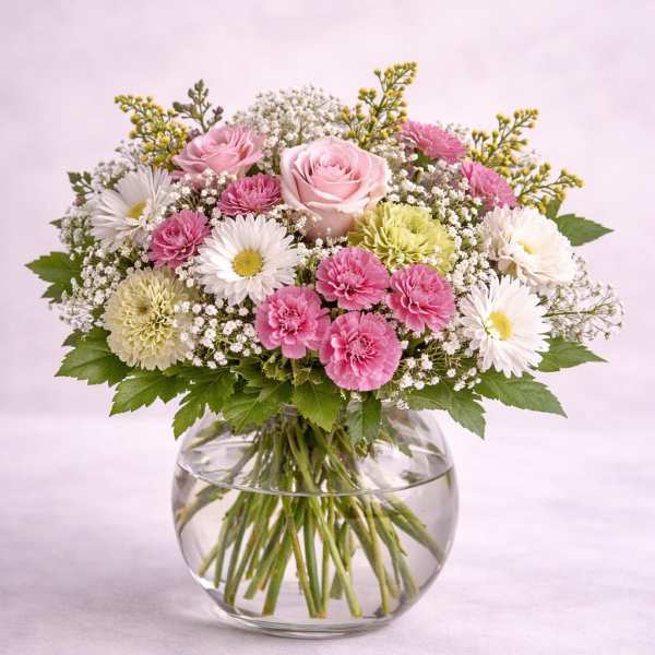 Pink roses and daisies arranged in a round glass vase