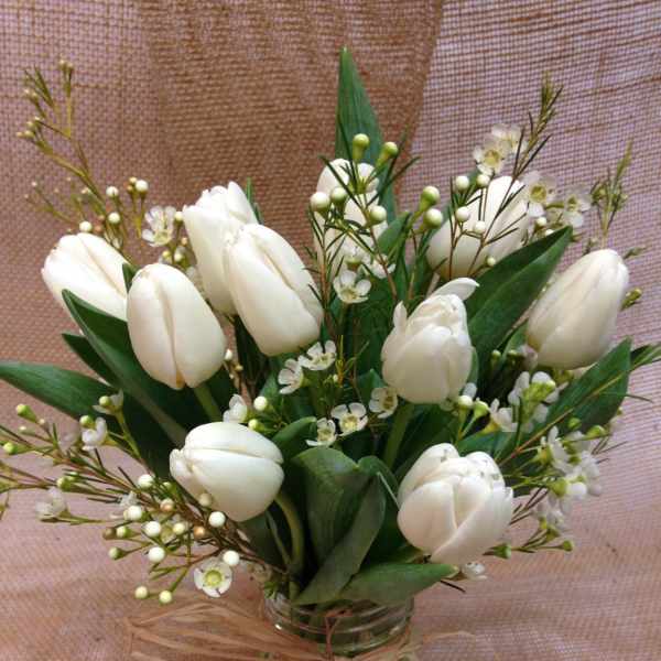 White tulips arranged in a glass vase with small white filler flowers