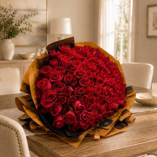 100 Roses Round EuroBouquet - Red