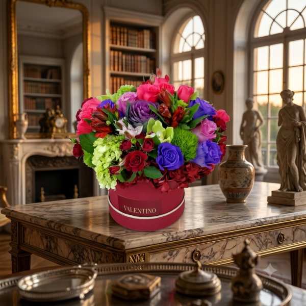 Bright mixed bouquet in a pink round box on a marble table
